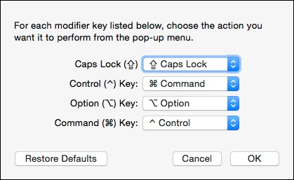 Пример переназначения Control ↔ Command в настройках macOS