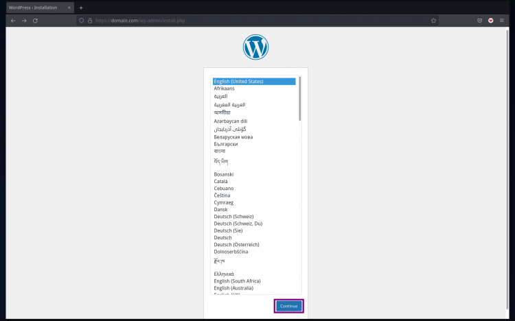 Выбор языка при установке WordPress