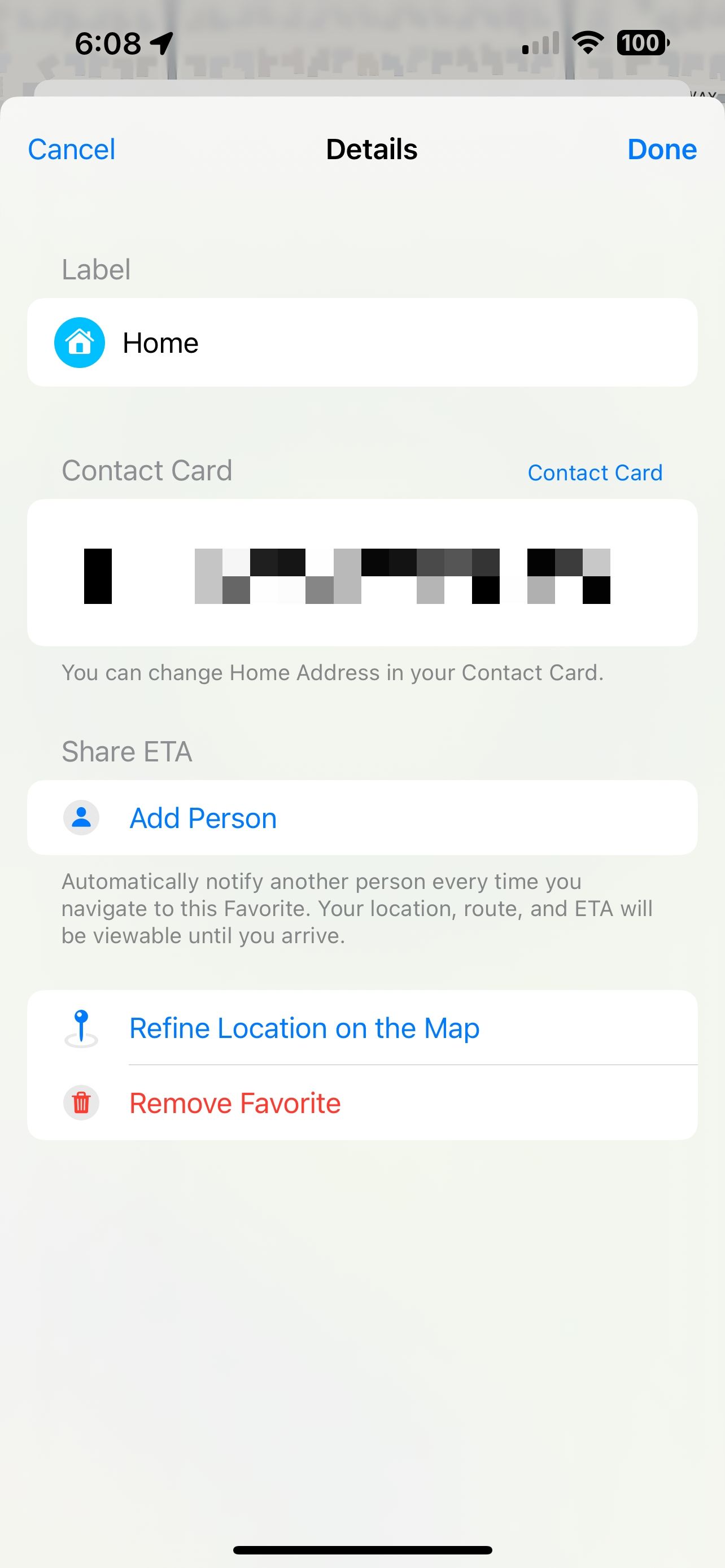 Детали домашнего адреса в Apple Maps