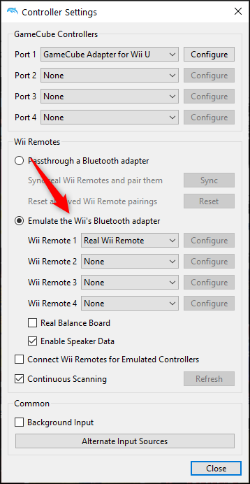 Выберите «Emulate the Wii's Bluetooth Adapter» и Real Wii Remote