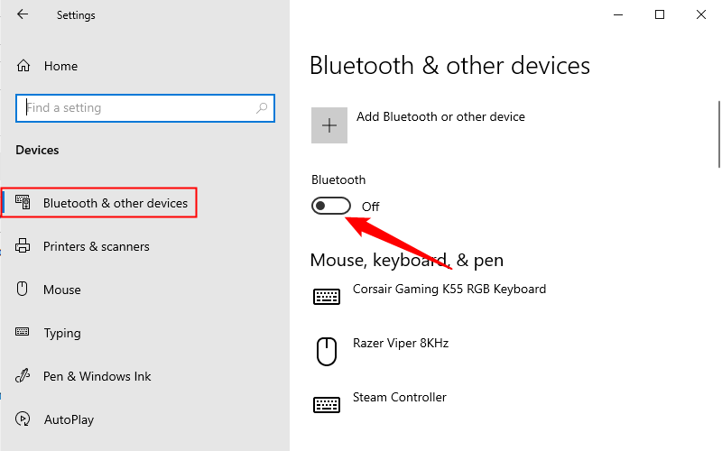 Переключатель для включения Bluetooth в Windows 10