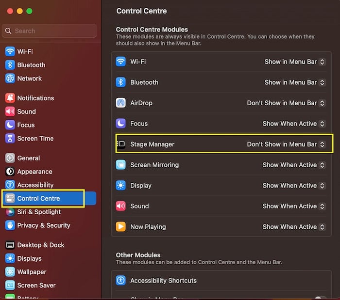 Экран настройки Центра управления в macOS для включения Stage Manager