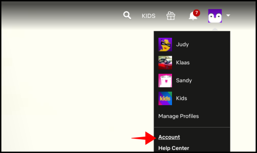 Настройки аккаунта Netflix с пунктом Account в меню