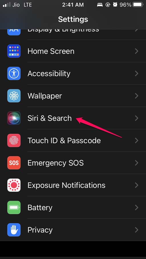 Пункт меню Siri и Поиск