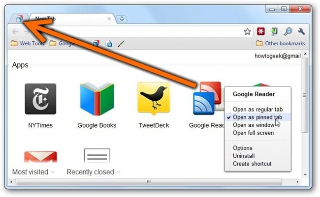 Пример опции Open as pinned tab в контекстном меню приложения
