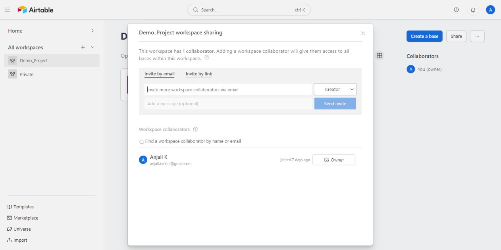 Скриншот Airtable, показывающий приглашение участников в рабочее пространство