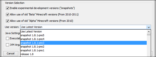 Расширенный список версий: релизы, снапшоты, бета, альфа
