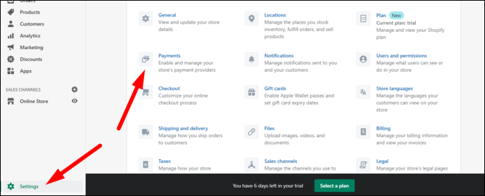 Настройки платежей в админке Shopify — раздел Payments