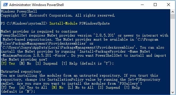 Пример вывода команд обновления в PowerShell