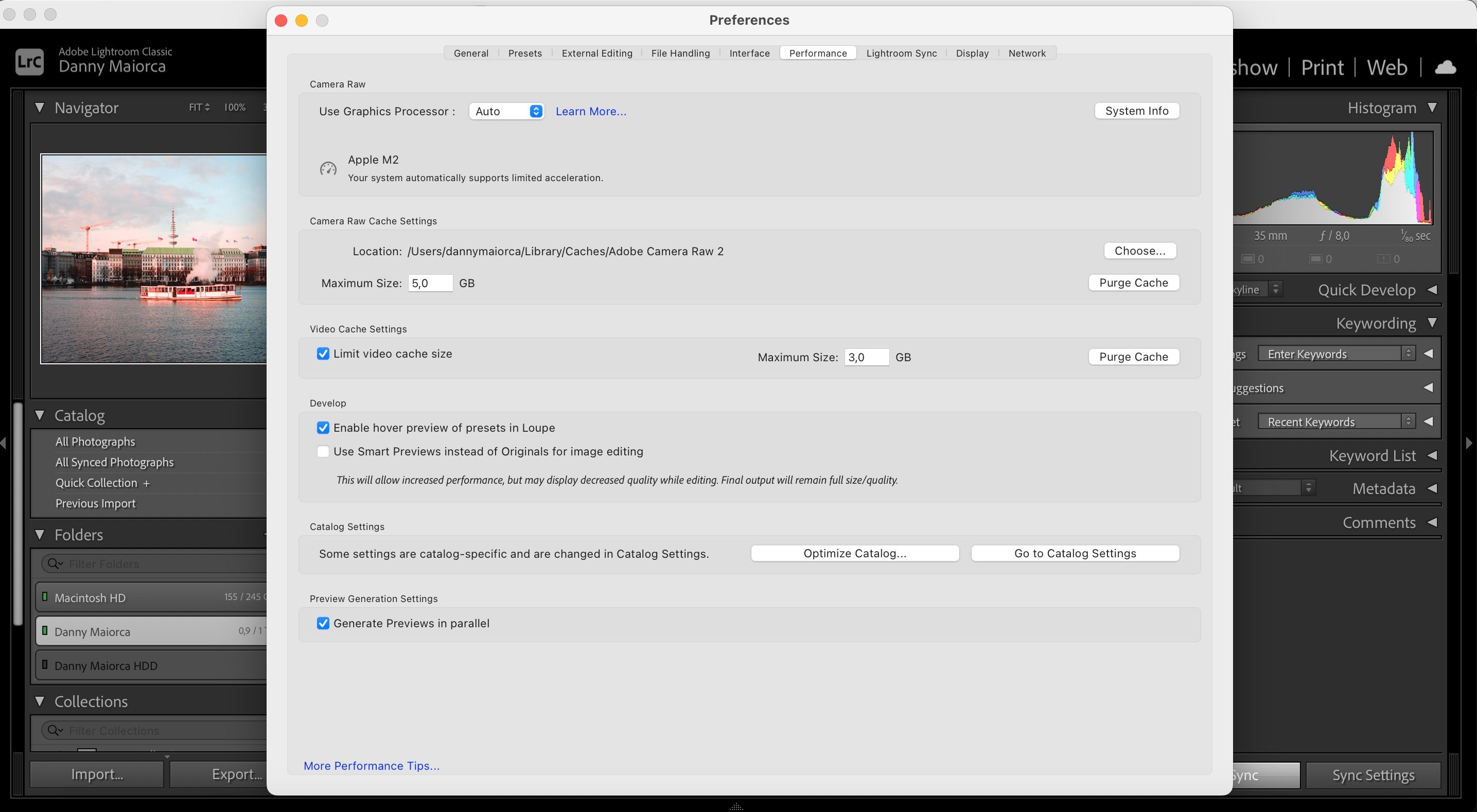 Скриншот настроек кэша Adobe Lightroom