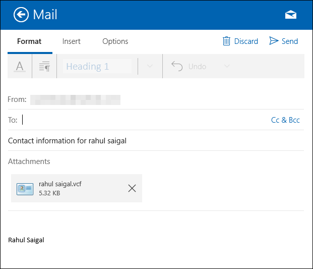 Exemple d’un message e‑mail créé pour partager une fiche contact au format VCF