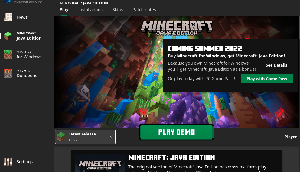 Окно лаунчера Minecraft на рабочем столе