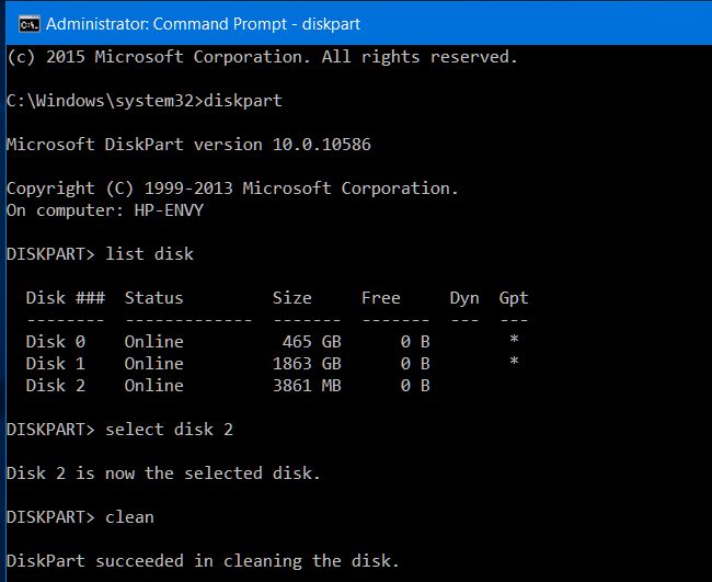 Скриншот diskpart с командами select disk и clean