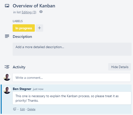 Комментарий на карточке Trello