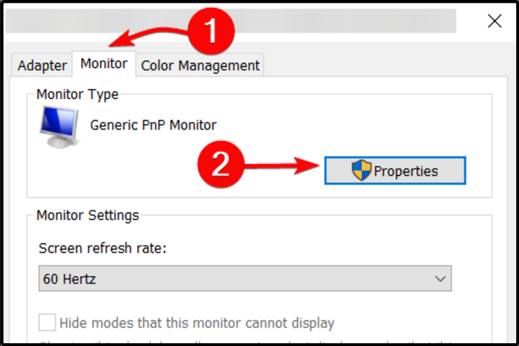 Вкладка Монитор в свойствах адаптера