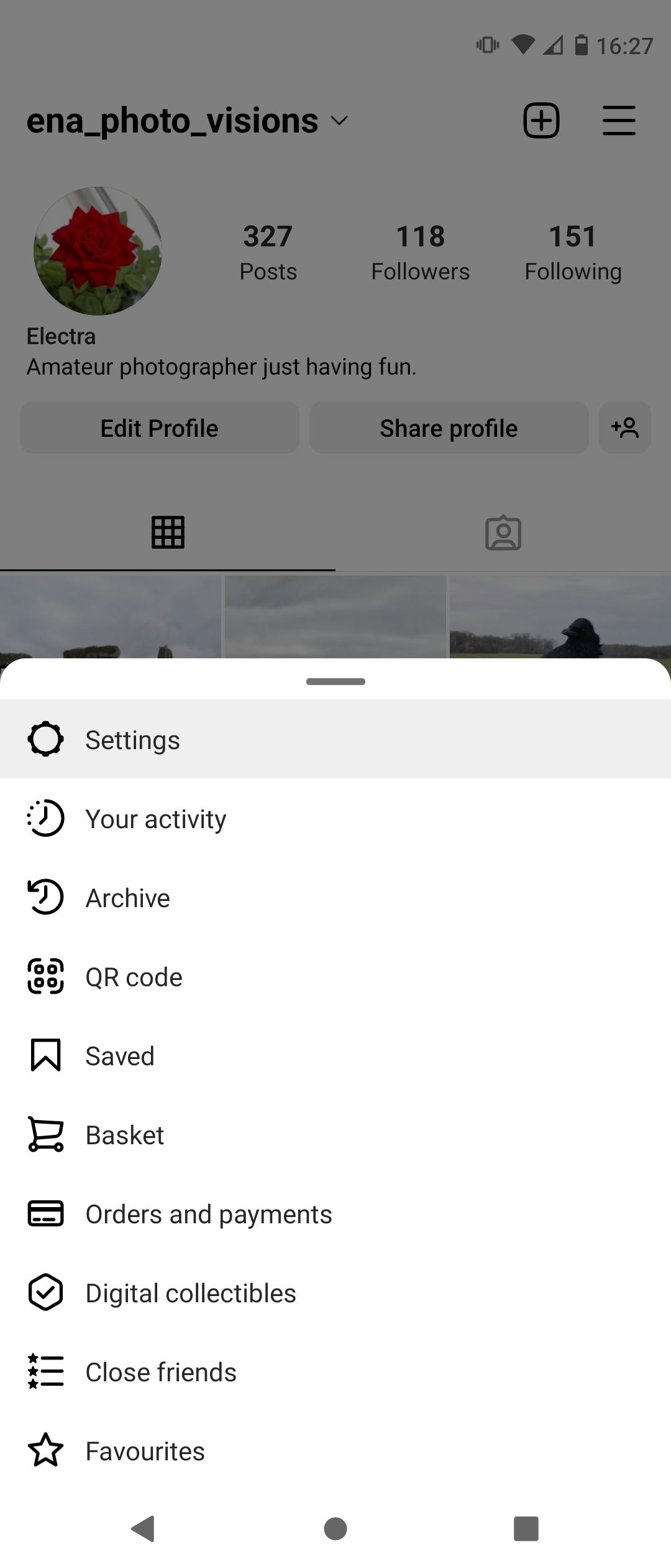 Вкладка «Настройки» в меню профиля Instagram
