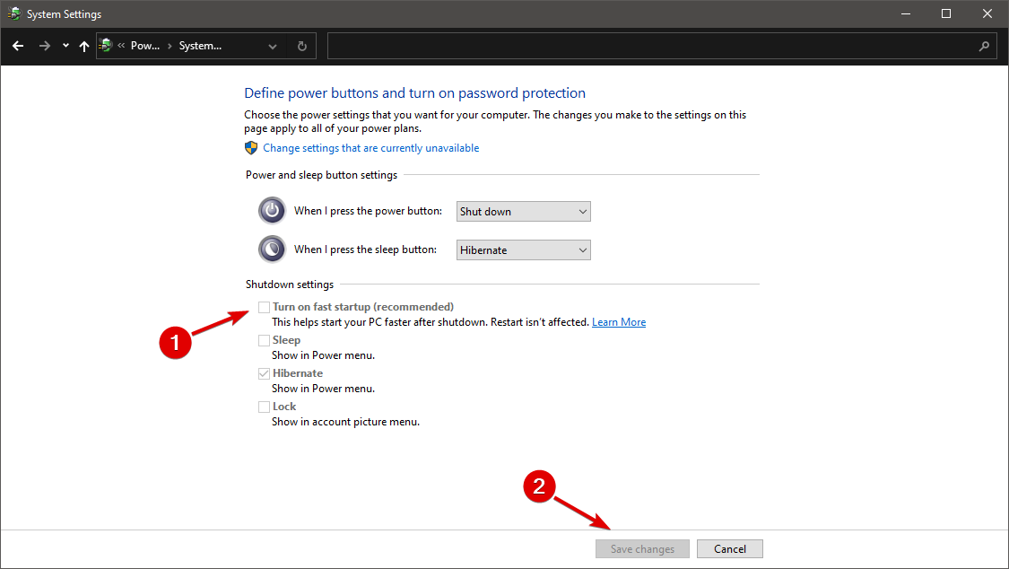Отключение быстрого запуска и сохранение изменений