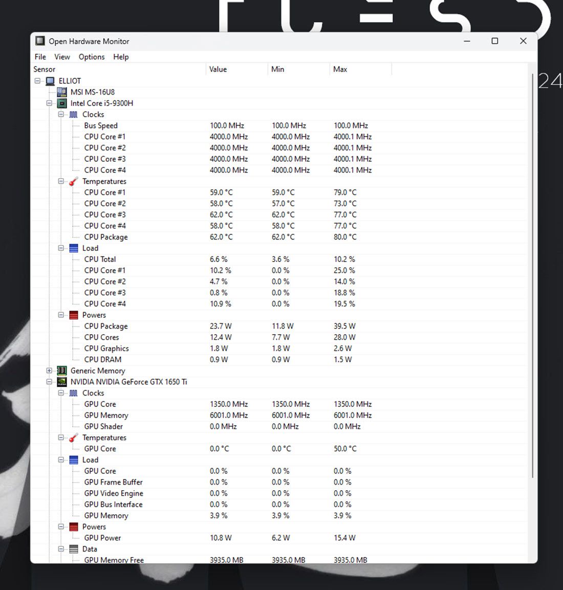 Интерфейс OpenHardwareMonitor: показатели CPU, GPU и вентиляторов