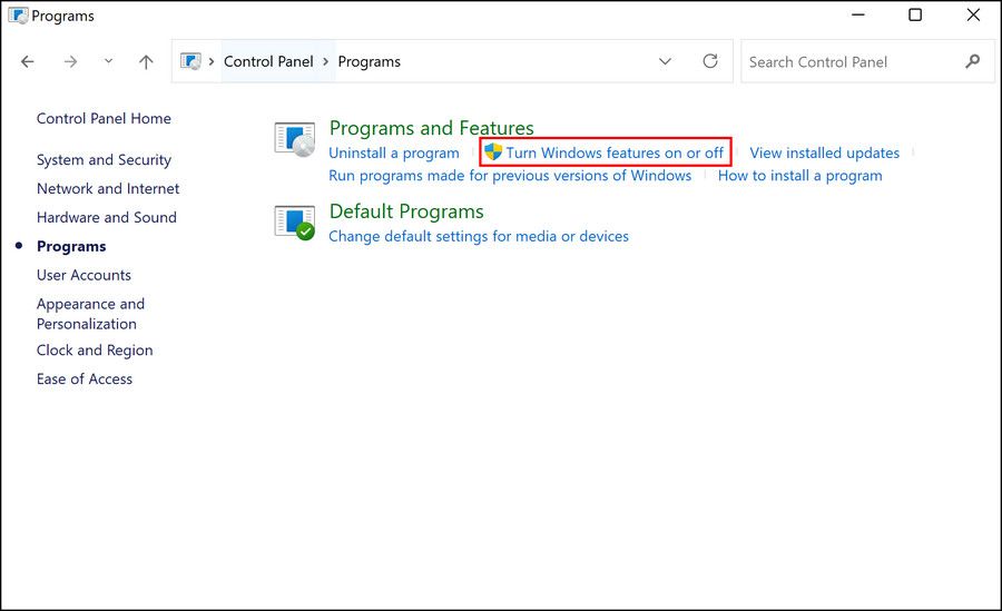 Опция включения компонентов Windows