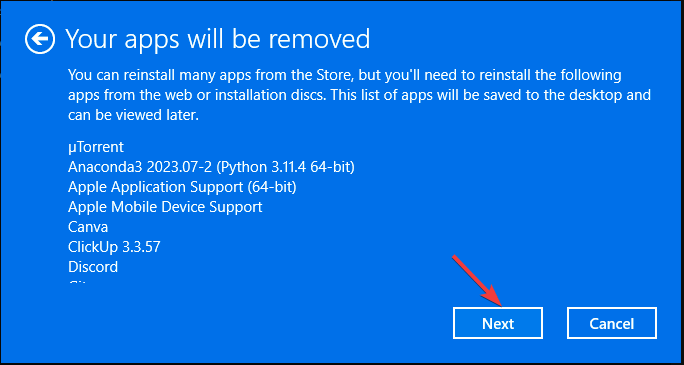 Список удаляемых приложений