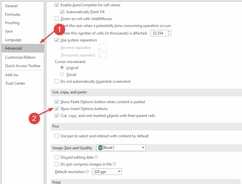Параметры вставки в Excel