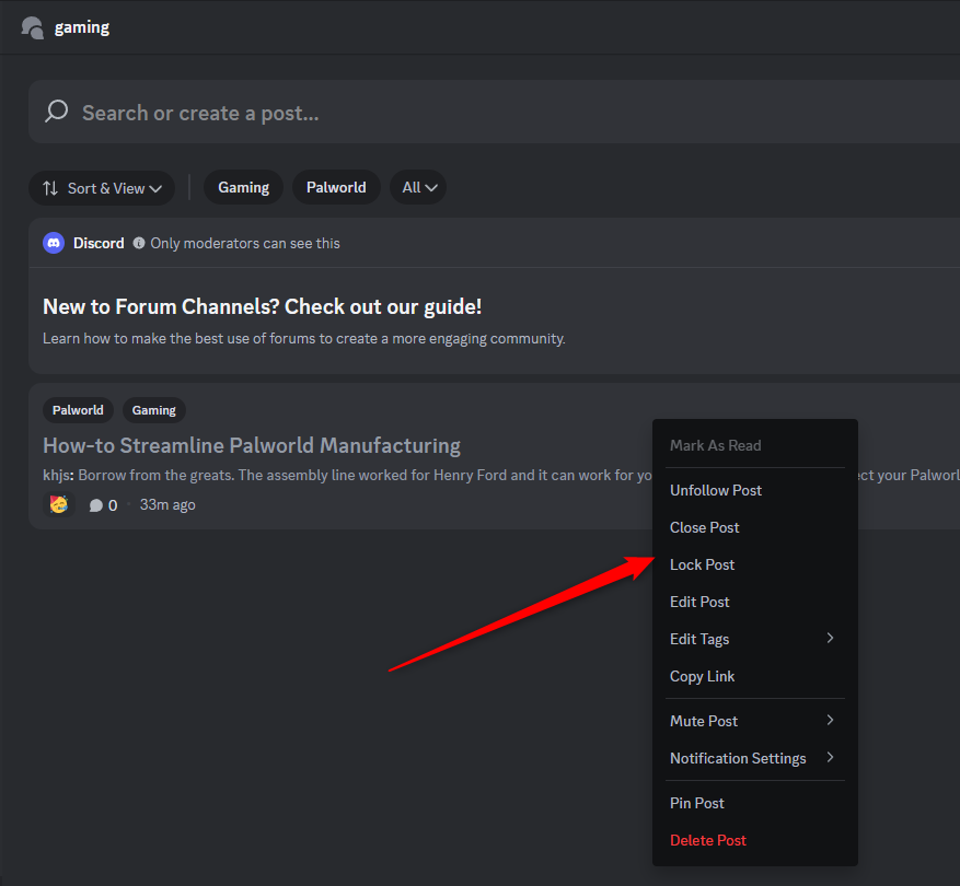 Меню Discord для закрытия, блокировки и прикрепления поста