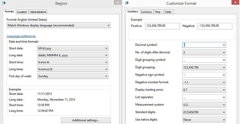 Окно: параметры валюты в Windows 8
