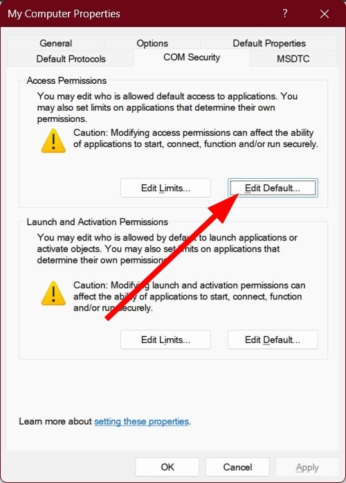 Кнопка Edit Default для Access Permissions
