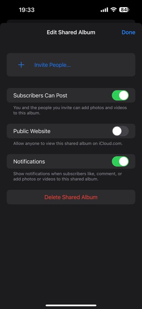 Настройки общего альбома