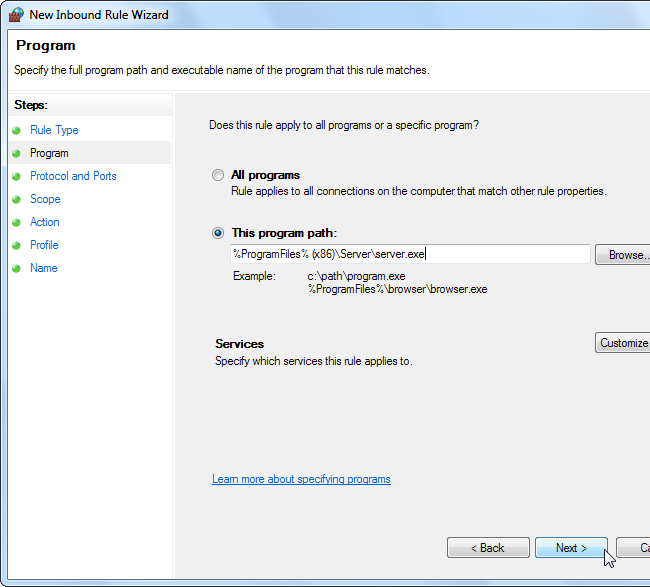 Выбор программы или службы для пользовательского правила