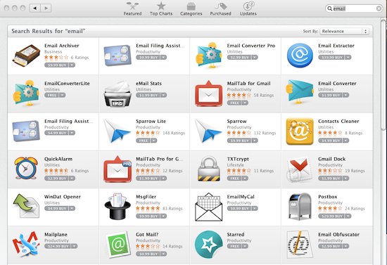 Список почтовых приложений в App Store, показывающий платные и бесплатные версии