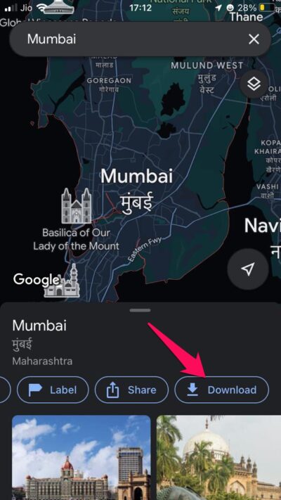 Экран Google Maps с опцией загрузки офлайн-карты