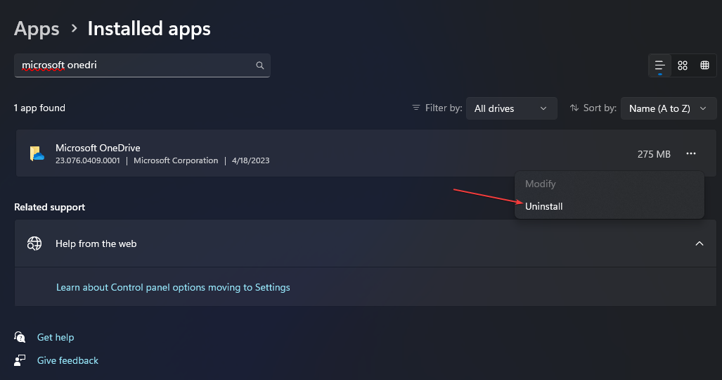 Кнопка удаления OneDrive в списке приложений
