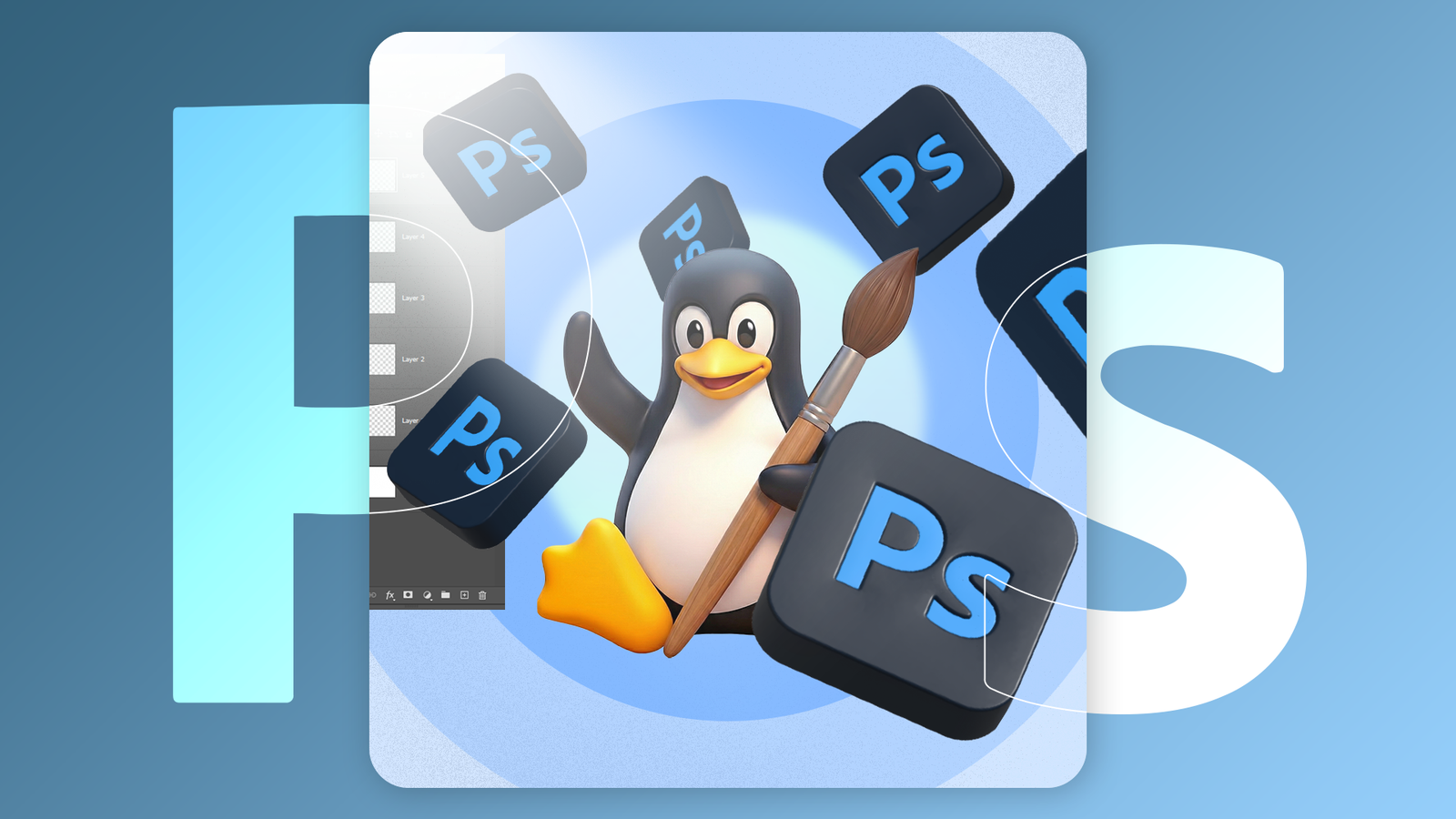 Linux penguin holding a paintbrush surrounded by floating Photoshop icons.