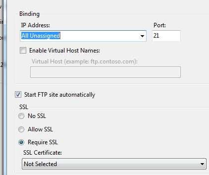 Настройки IP и SSL для FTP в IIS