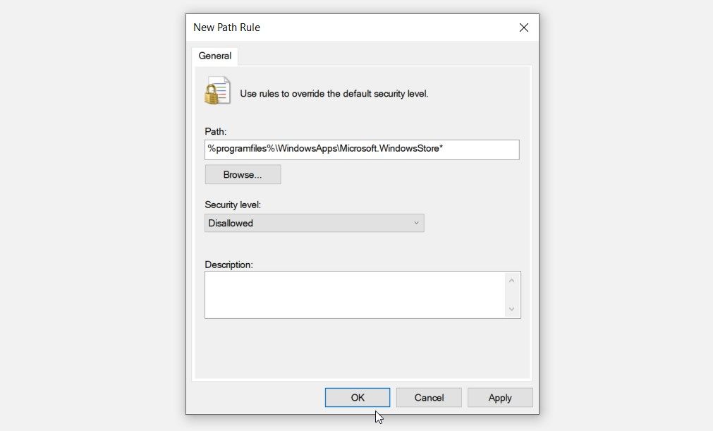 Окно Локальной политики безопасности: правило для WindowsAppsMicrosoft.WindowsStore