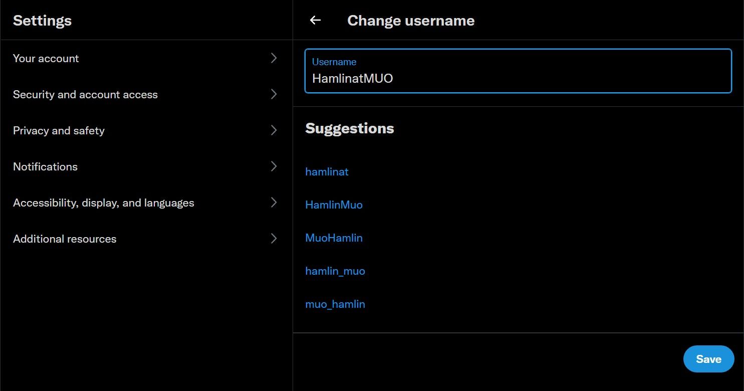 Поле для ввода нового имени пользователя в веб-версии Twitter