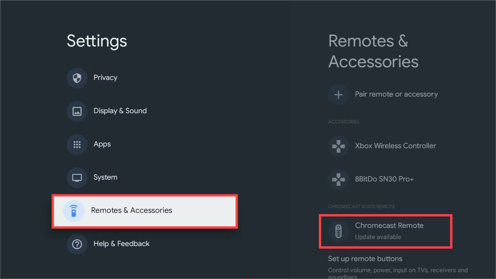 Раздел «Пульты и аксессуары» в настройках Google TV