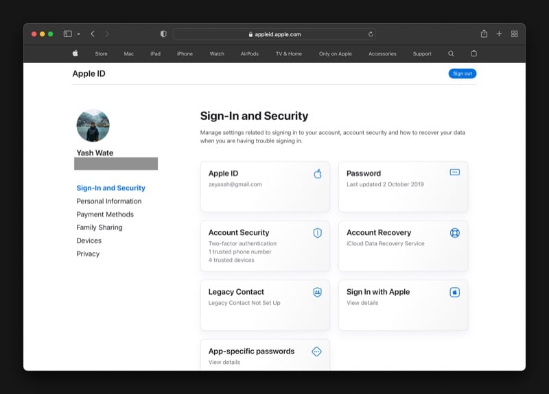 Раздел Вход и безопасность в учётной записи Apple