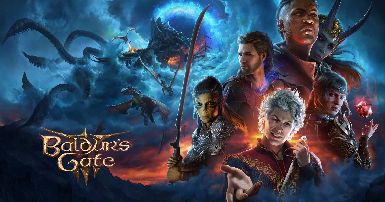 Обои Baldur’s Gate 3: персонажи на синем фоне