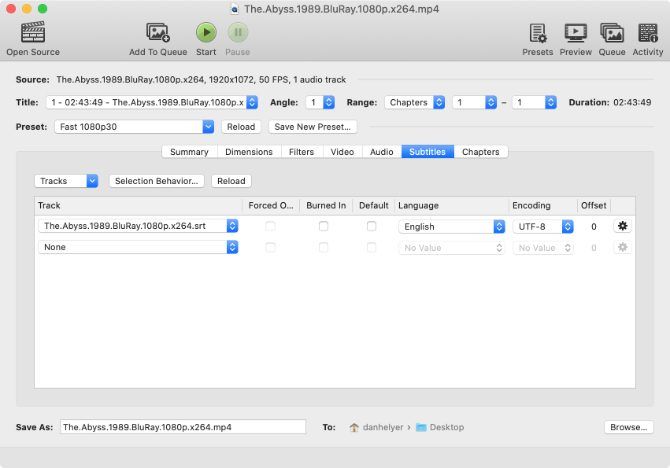 Окно HandBrake с вкладкой субтитров и треком субтитров