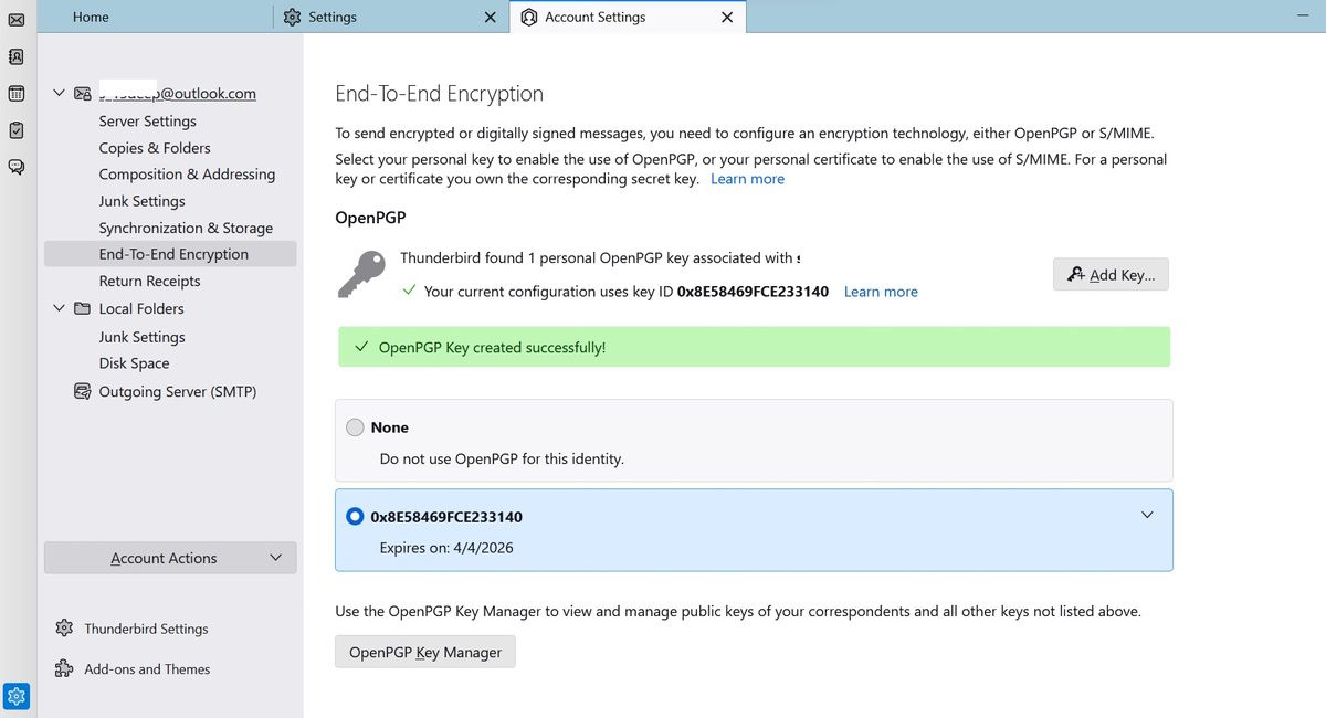 Скриншот личного ключа шифрования в Thunderbird