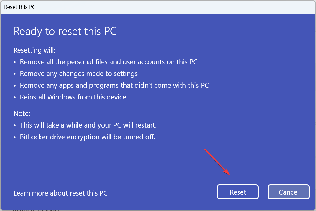 Процесс сброса Windows