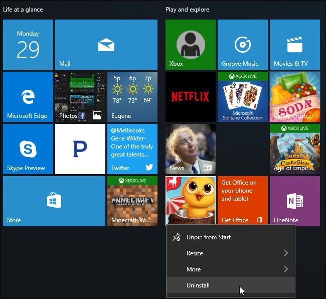 Пример плиток с предустановленными играми в меню Пуск