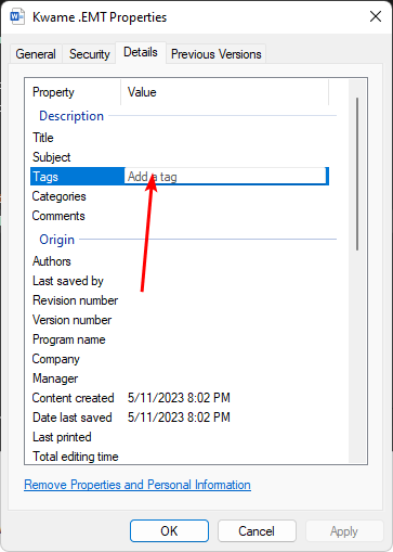 Поле для ввода тегов в свойствах файла