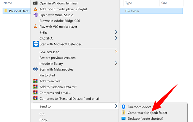 Контекстное меню папки в Windows: Отправить -> Сжатая (zip) папка