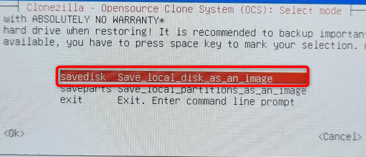 Выберите Savedisk для сохранения полного образа диска