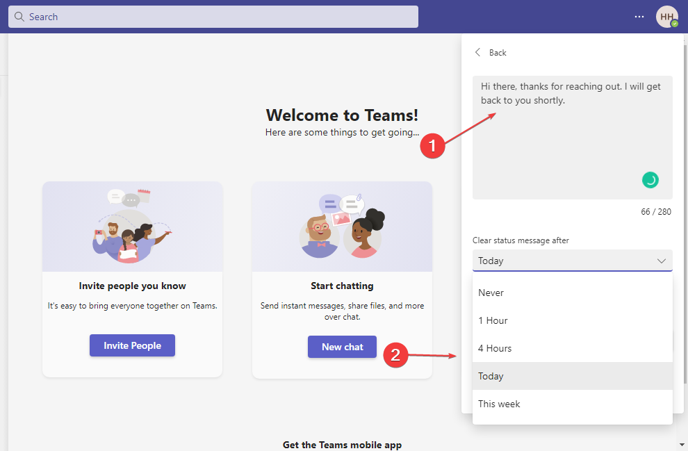 Настройка времени действия сообщения статуса
