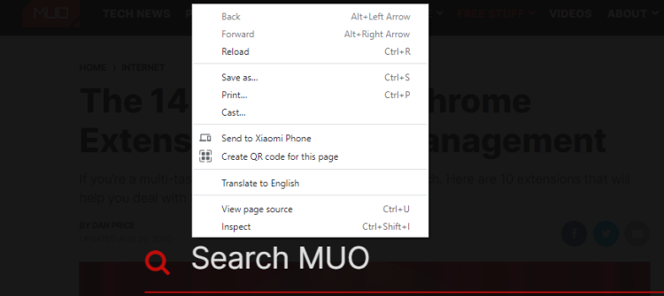 Отправить на устройство через контекстное меню страницы