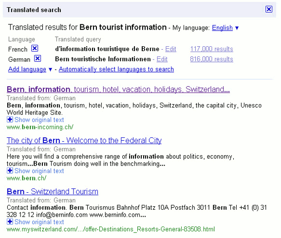 Результаты переведённого поиска Google с переводом страниц